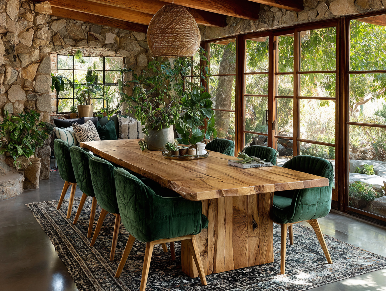 natural wood dining table with green velvet chairs warm cozy home interior design