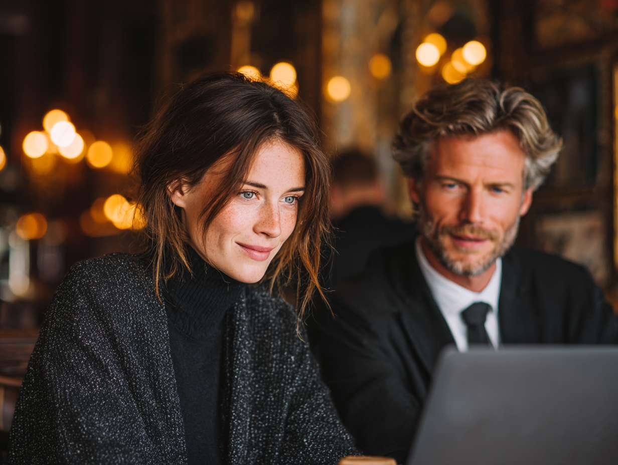 Two professionals working together on a laptop, representing learning AI, prompting skills, and improving communication in the AI era