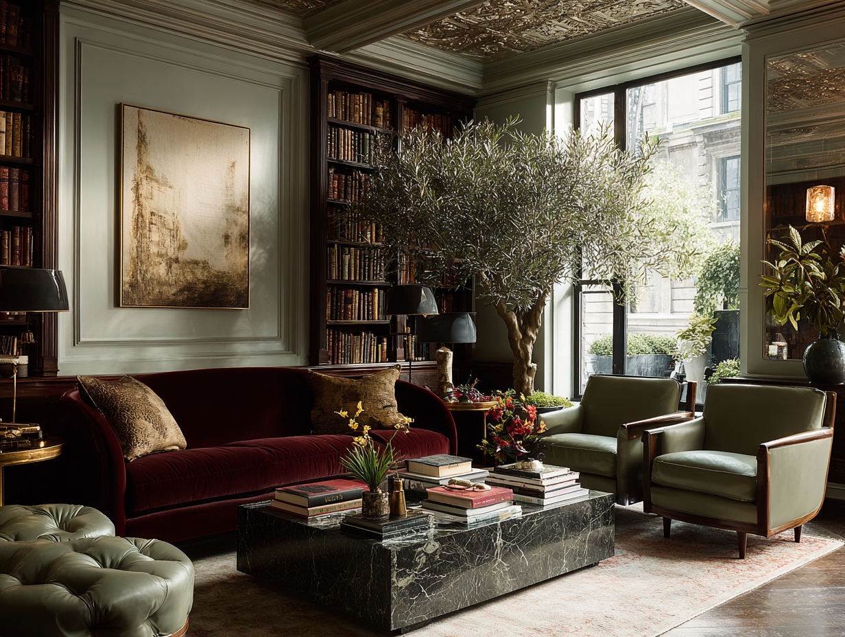 intentional home decor luxury living room marble coffee table velvet sofa greenery styling