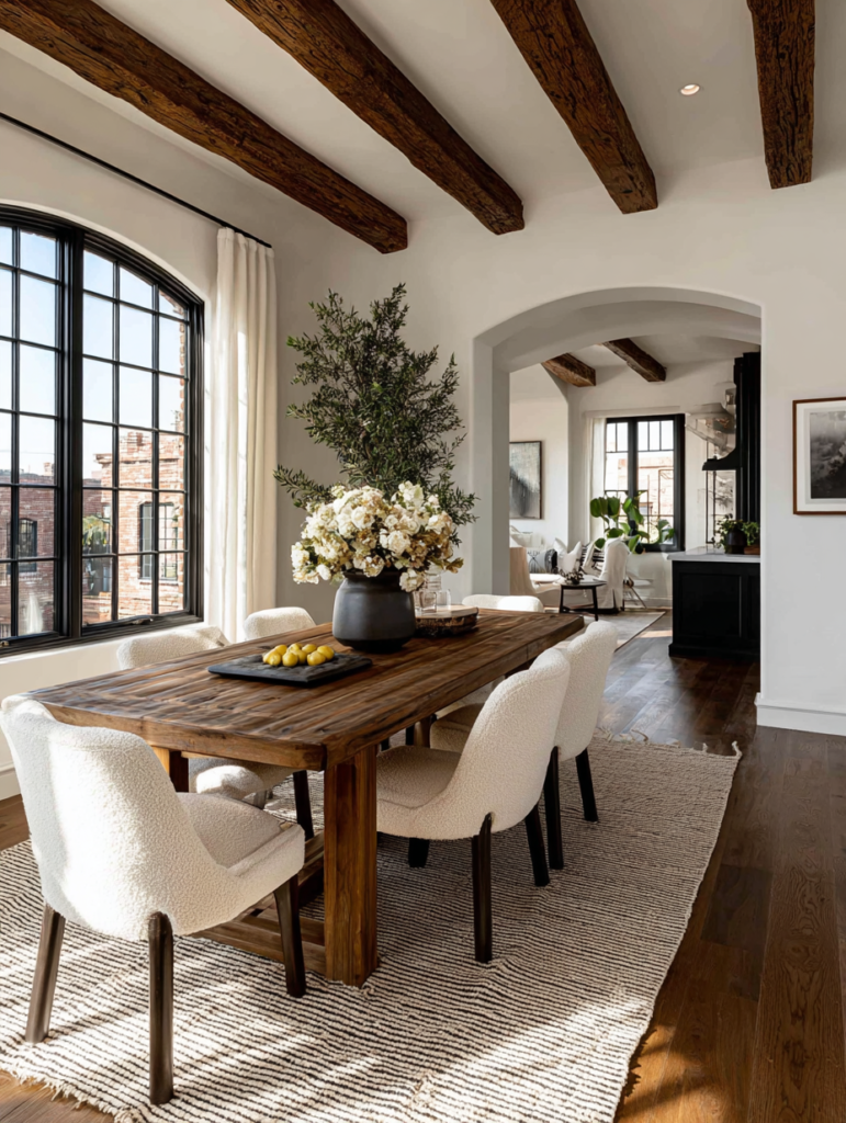 rectangular wooden dining table with upholstered chairs in a warm family home setting