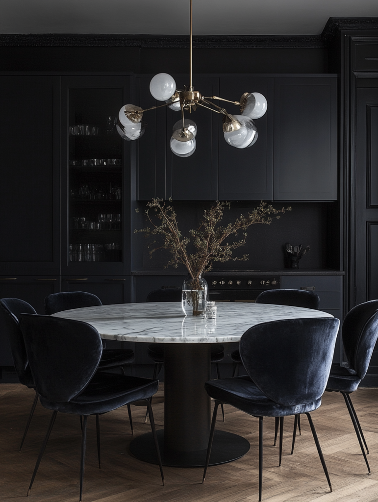 round marble dining table with velvet chairs in dark modern kitchen luxury dining space
