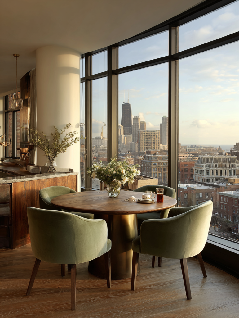 round dining table with soft green upholstered chairs near large windows creating balanced feng shui energy flow