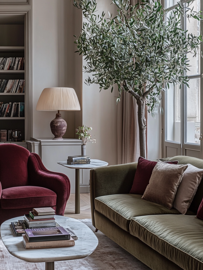 rule of three living room styling burgundy sofa green chair balanced decor