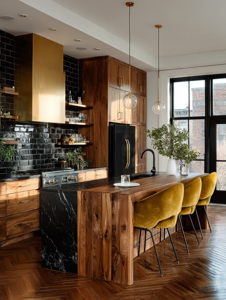 rule of five styling kitchen island decor black wood gold modern kitchen design