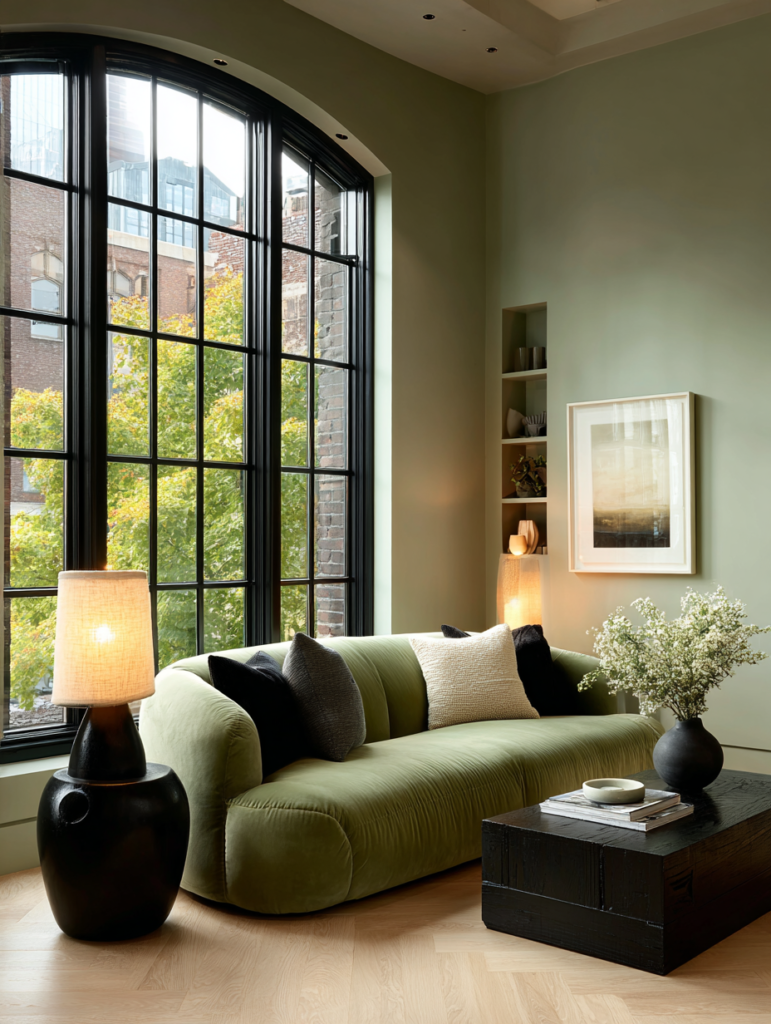 rule of seven luxury living room layered textures dark tones elegant styling