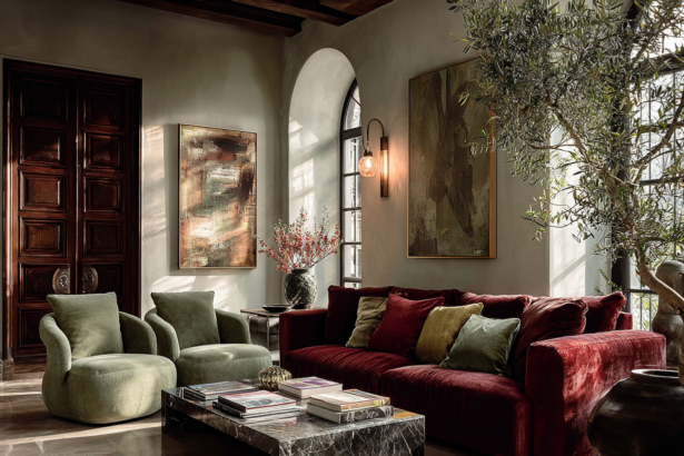 luxury living room with velvet sofa marble table layered decor rule of three home styling