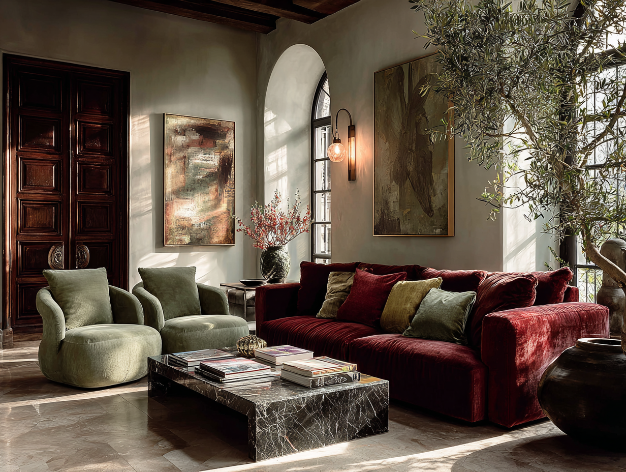 luxury living room with velvet sofa marble table layered decor rule of three home styling