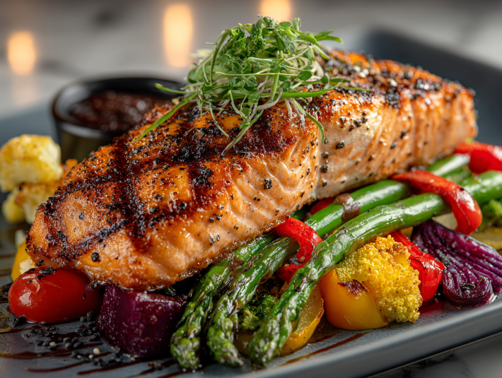 grilled salmon with vegetables high protein and high fiber meal for simple healthy dining