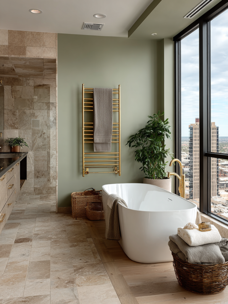 intentional bathroom with marble, gold accents, freestanding tub, and soft neutral palette