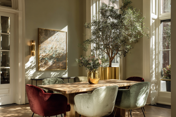 wood dining table with velvet chairs in a sunlit elegant dining room with plants and warm tones