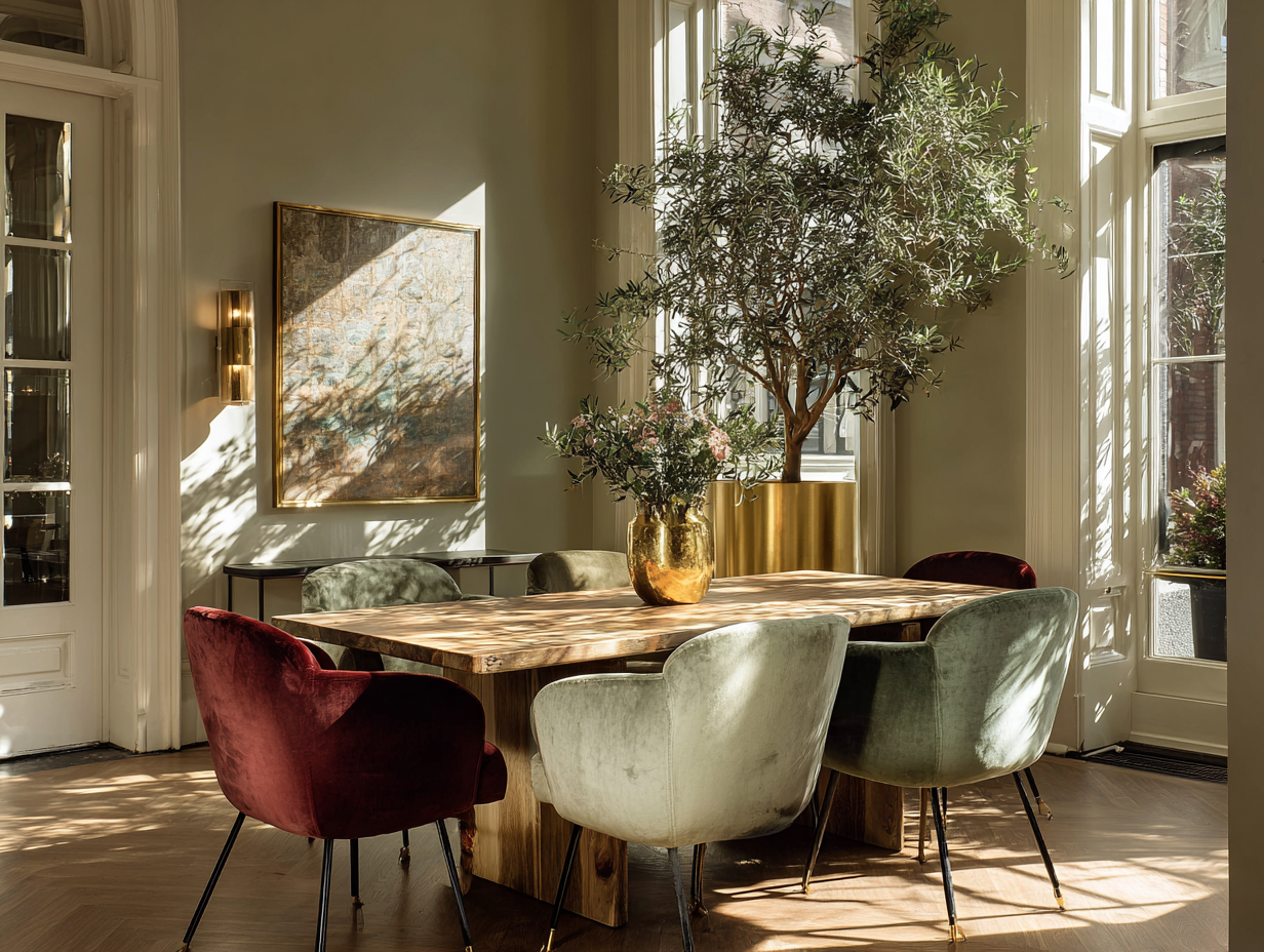 wood dining table with velvet chairs in a sunlit elegant dining room with plants and warm tones