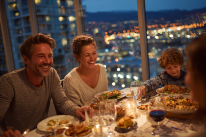 family enjoying dinner together at a warmly lit table with city view creating meaningful dining conversations