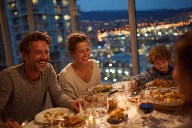 family enjoying dinner together at a warmly lit table with city view creating meaningful dining conversations