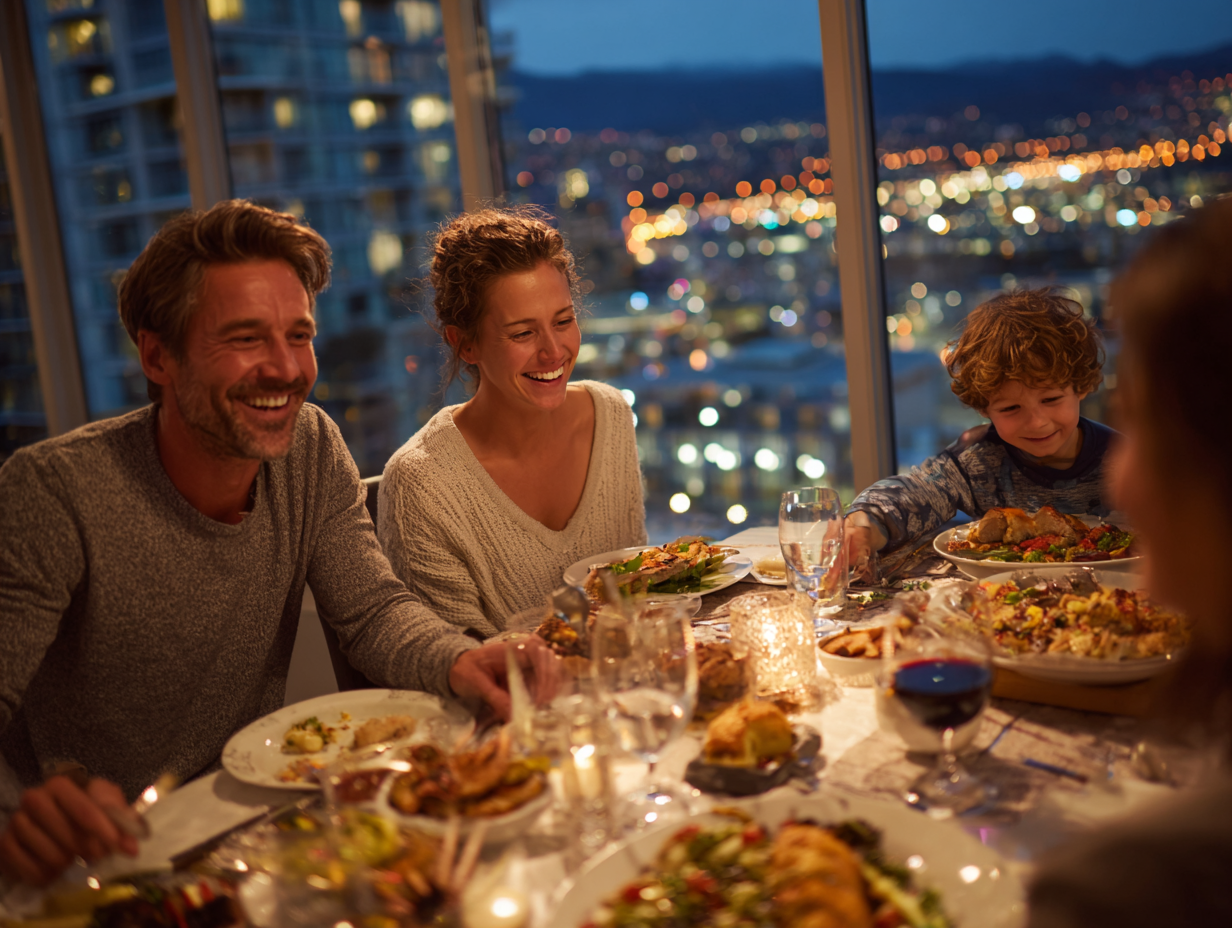family enjoying dinner together at a warmly lit table with city view creating meaningful dining conversations