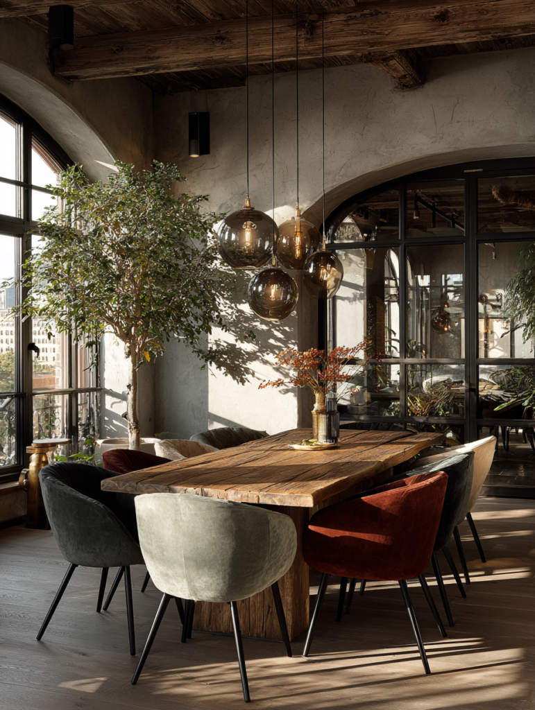 warm dining table with natural wood surface mixed upholstered chairs and soft lighting creating an inviting atmosphere