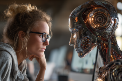 Woman looking at AI robot face representing human clarity vs artificial intelligence thinking in the AI era