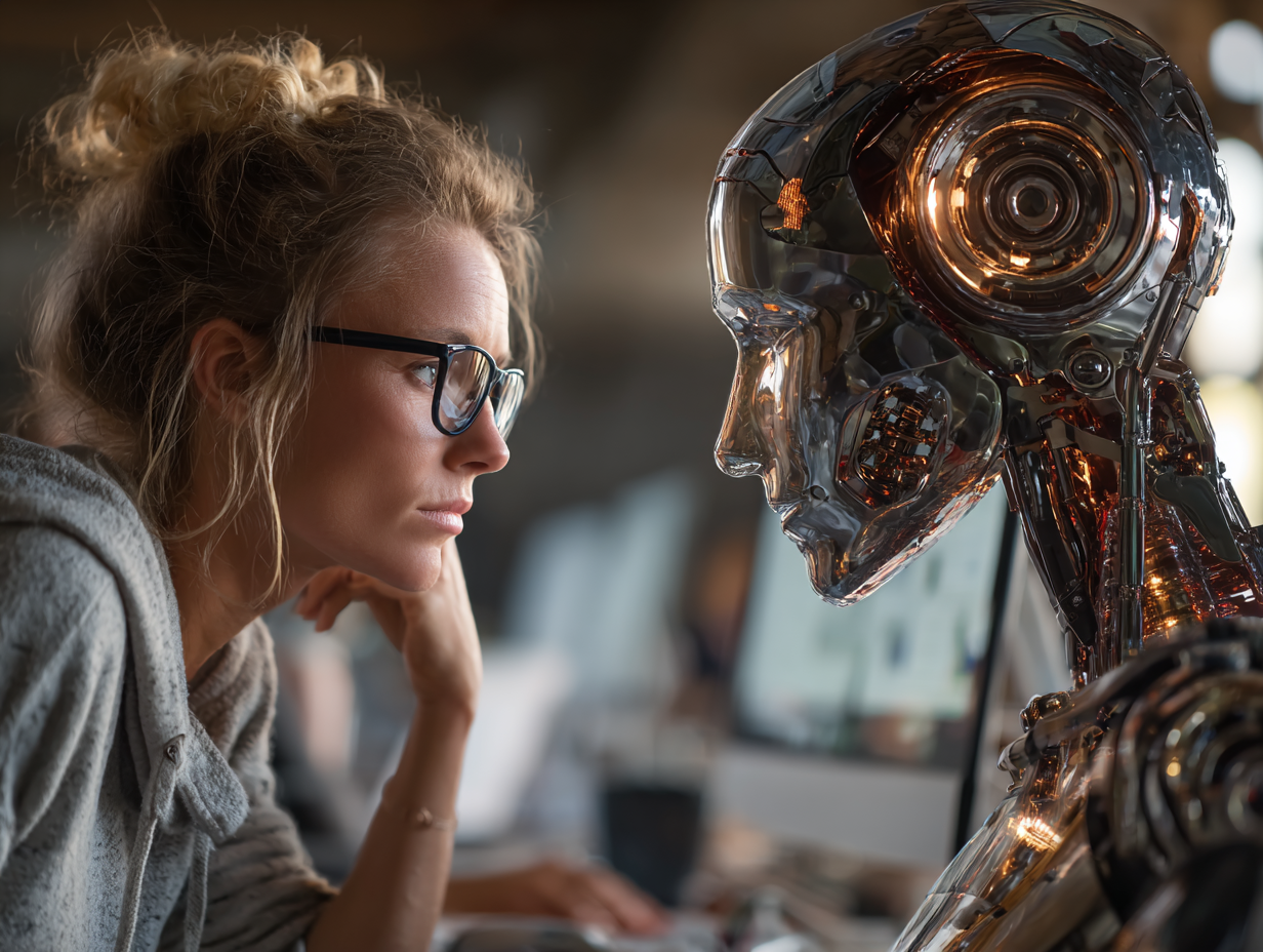 Woman looking at AI robot face representing human clarity vs artificial intelligence thinking in the AI era