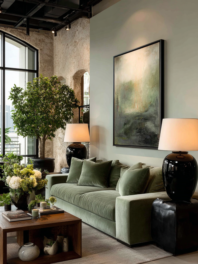 intentional living room with green velvet sofa, layered decor, artwork, and warm lighting