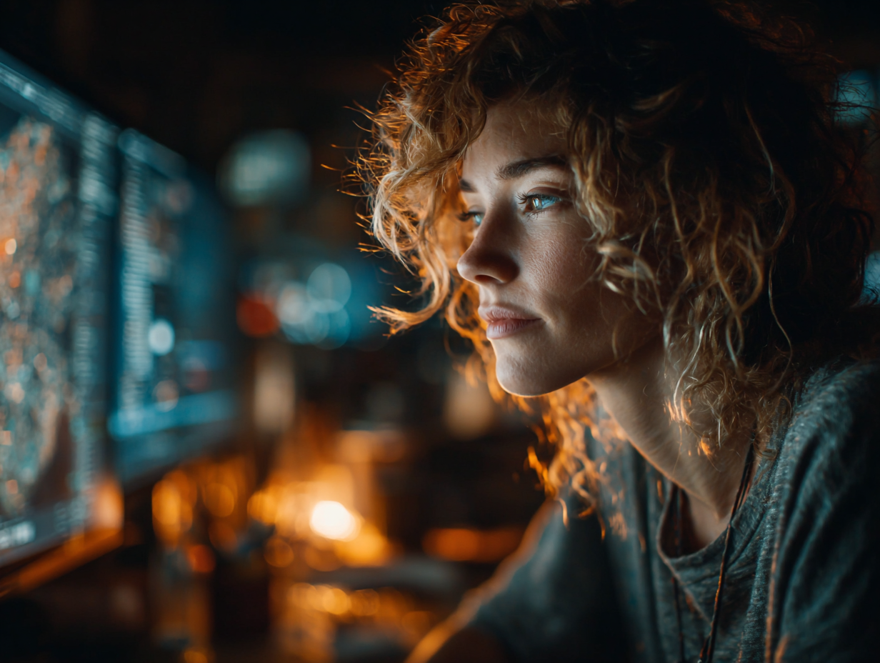 Woman focused on a digital screen representing interaction with AI tools and the importance of clear input