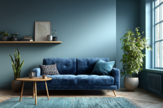 Minimalist living room with blue velvet sofa, wooden side table, and indoor plants creating a calm, elegant, clutter-free space