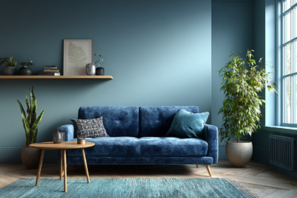 Minimalist living room with blue velvet sofa, wooden side table, and indoor plants creating a calm, elegant, clutter-free space