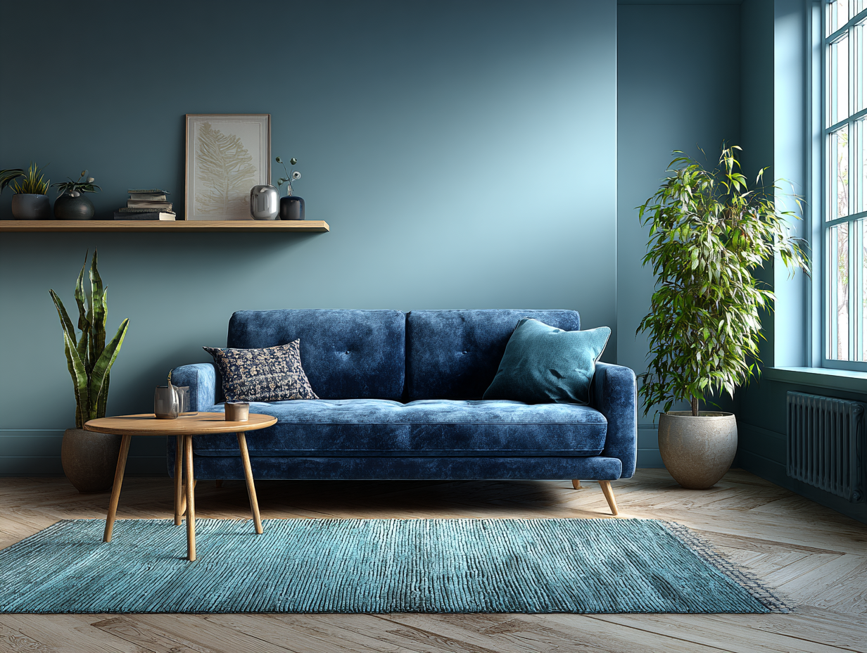 Minimalist living room with blue velvet sofa, wooden side table, and indoor plants creating a calm, elegant, clutter-free space