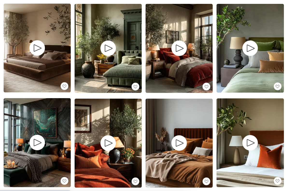 Grid of bold bedroom ideas featuring velvet beds in warm tones, layered textures, statement lamps, and natural elements for modern interior design inspiration.