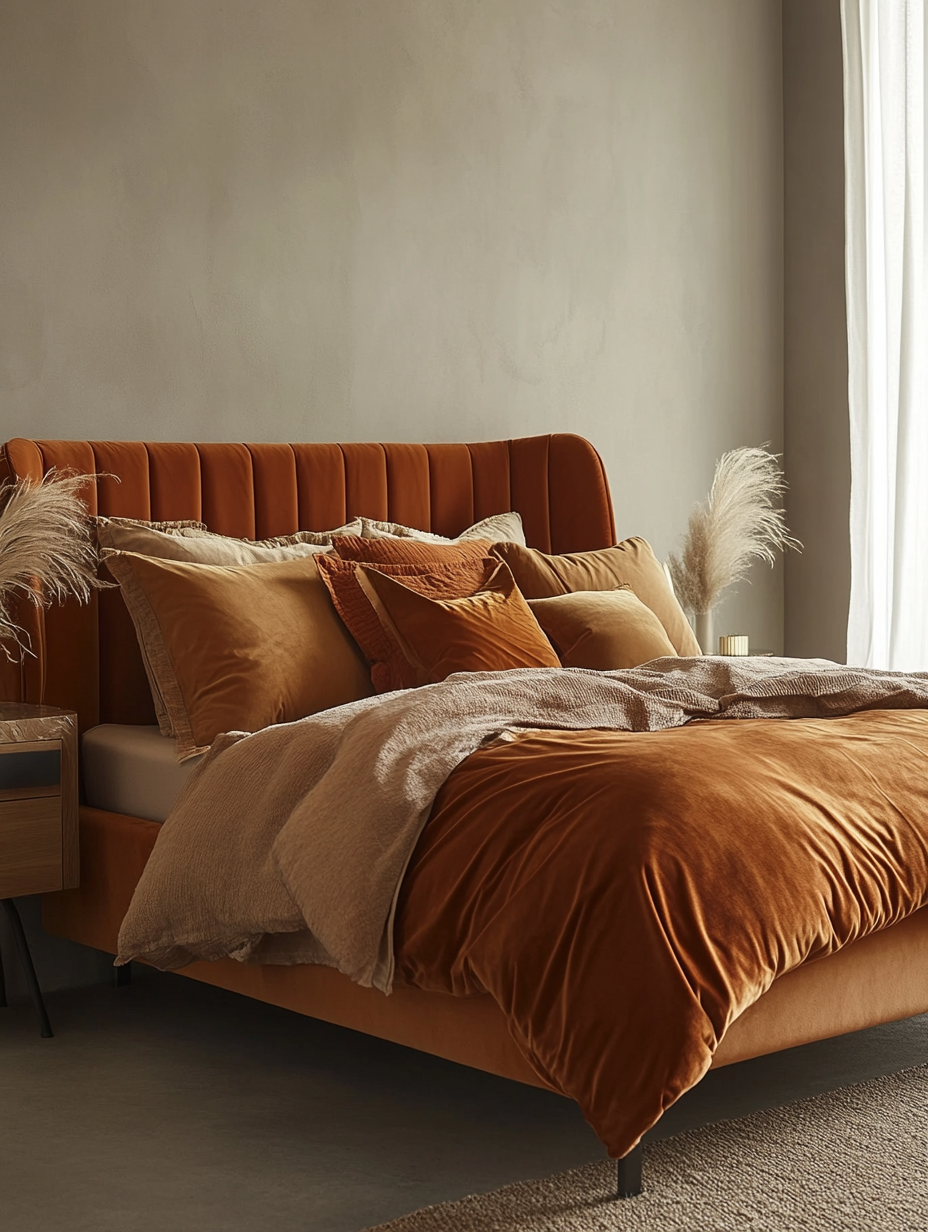 Bold bedroom featuring a rustic burgundy velvet bed with layered neutral bedding, warm wood nightstands, and natural light creating a rich and elevated interior.