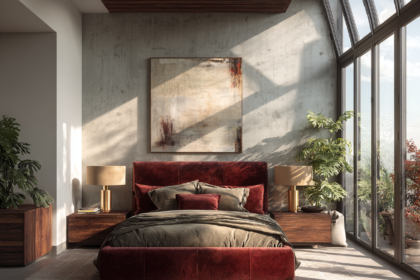 Modern bedroom featuring a bold velvet bed in deep burgundy with warm wood accents, gold lamps, and natural light creating a luxurious and grounded interior design.