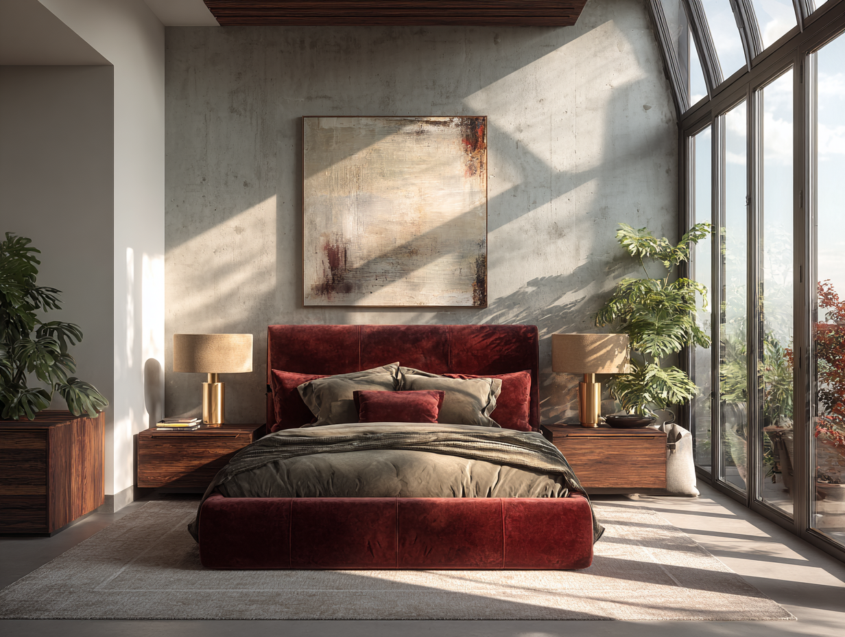 Modern bedroom featuring a bold velvet bed in deep burgundy with warm wood accents, gold lamps, and natural light creating a luxurious and grounded interior design.