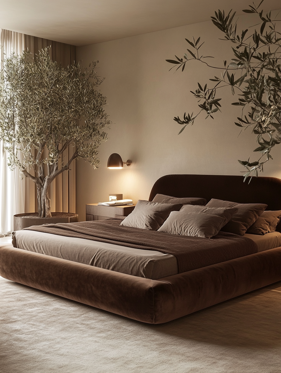 Minimal bedroom with a brown velvet bed, soft neutral bedding, warm lighting, and natural elements creating a calm and grounded space.
