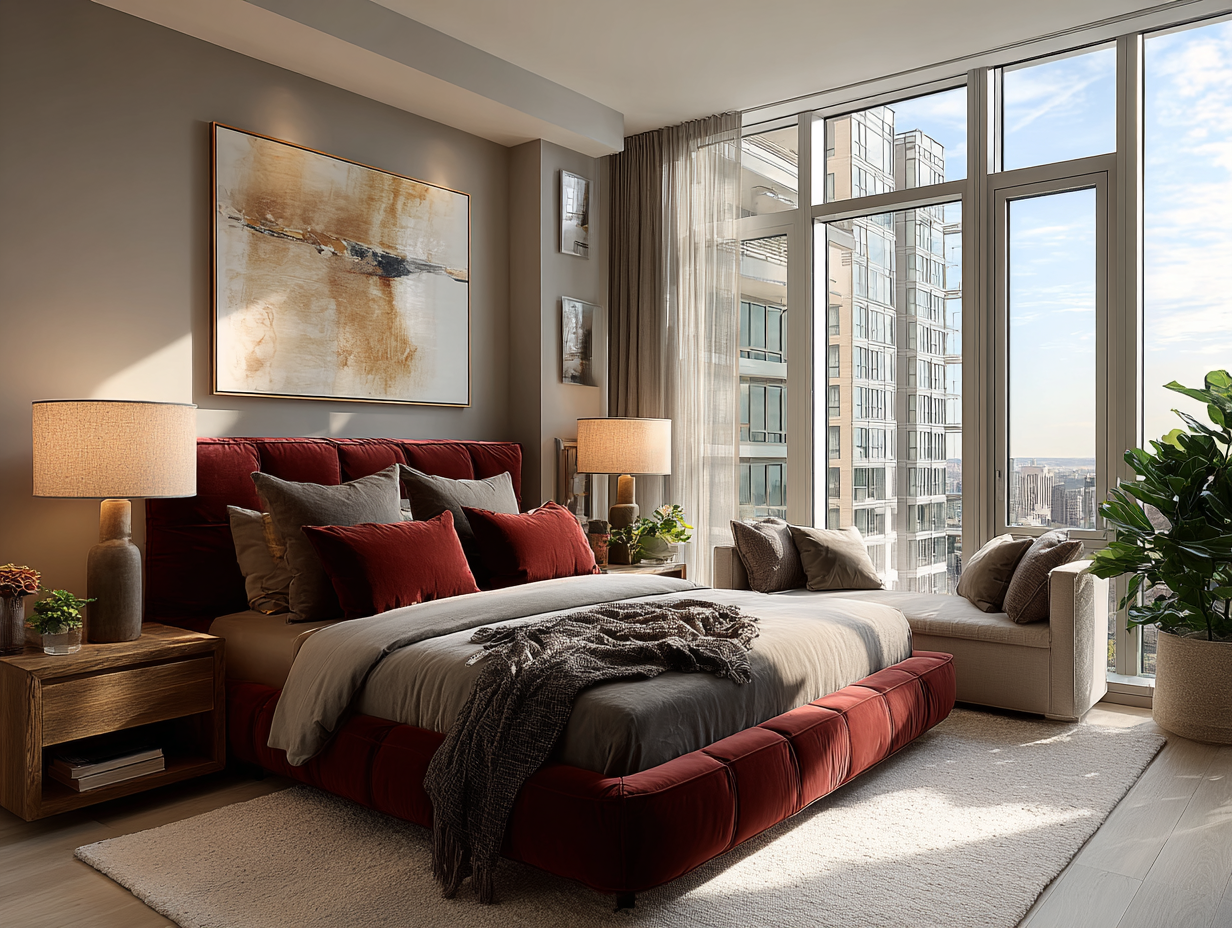 Modern bedroom with burgundy velvet bed, layered bedding, and warm wood accents