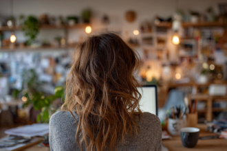 Woman sitting at a cluttered workspace feeling overwhelmed, representing the difference between being busy and truly productive