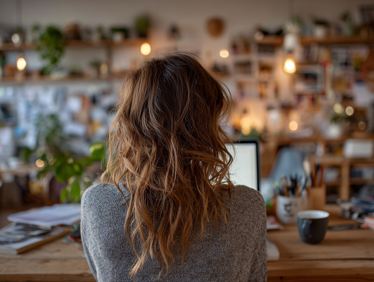 Woman sitting at a cluttered workspace feeling overwhelmed, representing the difference between being busy and truly productive
