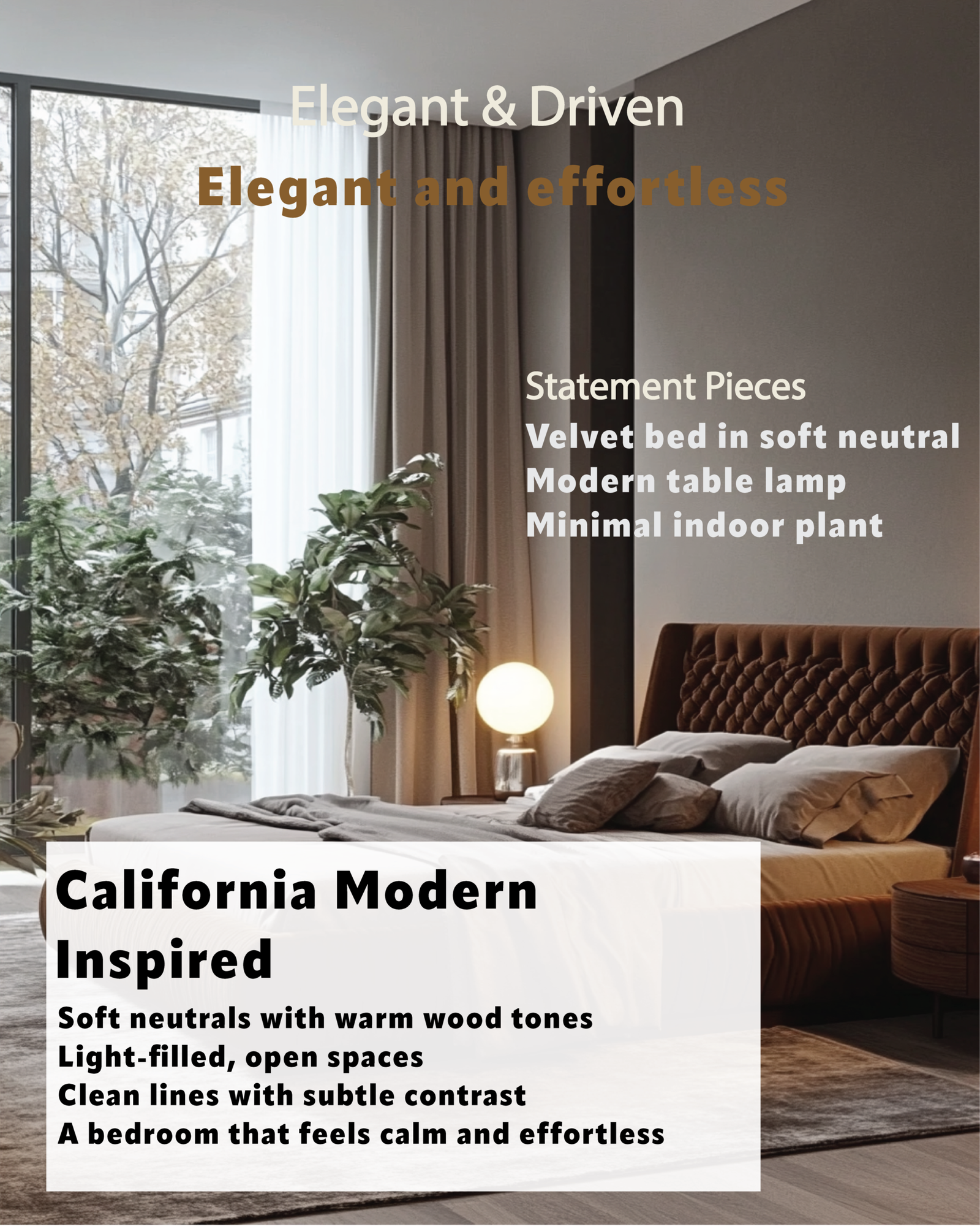 California modern bedroom with neutral velvet bed, warm wood tones, and minimal decor