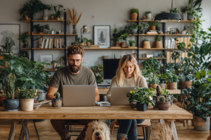 Two people working on laptops in a modern home office, representing choosing between ChatGPT Free, Plus, and Business plans