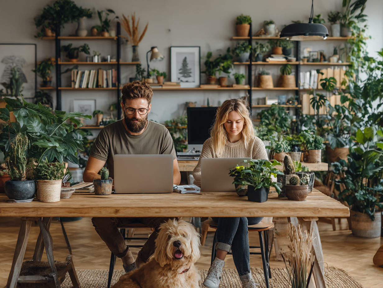 Two people working on laptops in a modern home office, representing choosing between ChatGPT Free, Plus, and Business plans