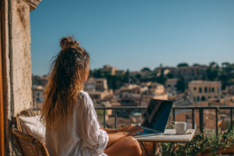 Woman working on a laptop overlooking a city, representing thoughtful decision making when choosing between AI tools like ChatGPT and Claude