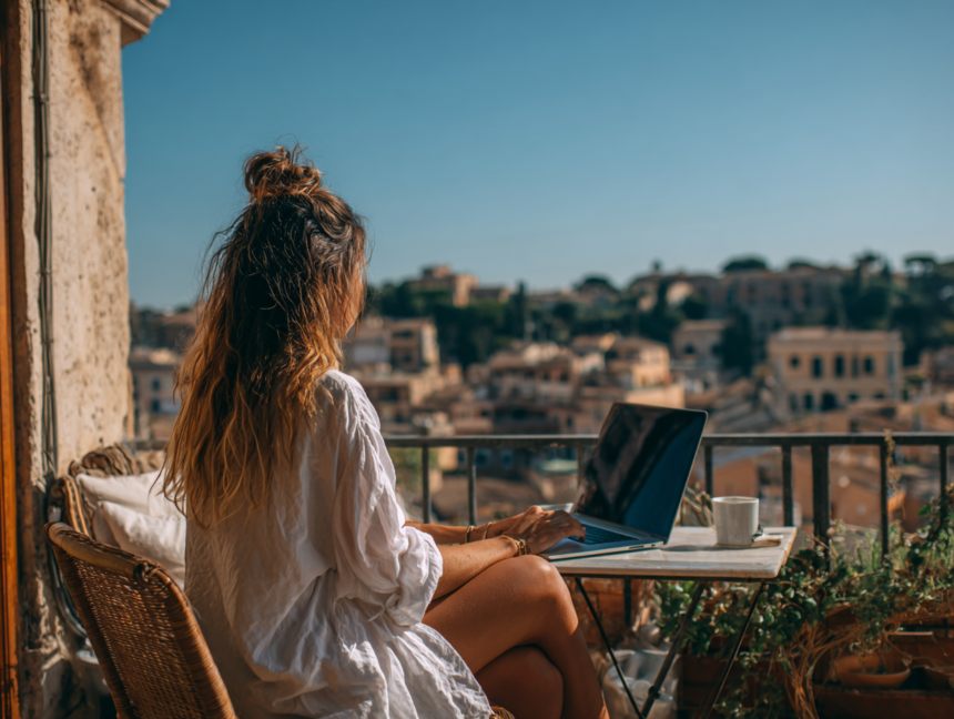 Woman working on a laptop overlooking a city, representing thoughtful decision making when choosing between AI tools like ChatGPT and Claude