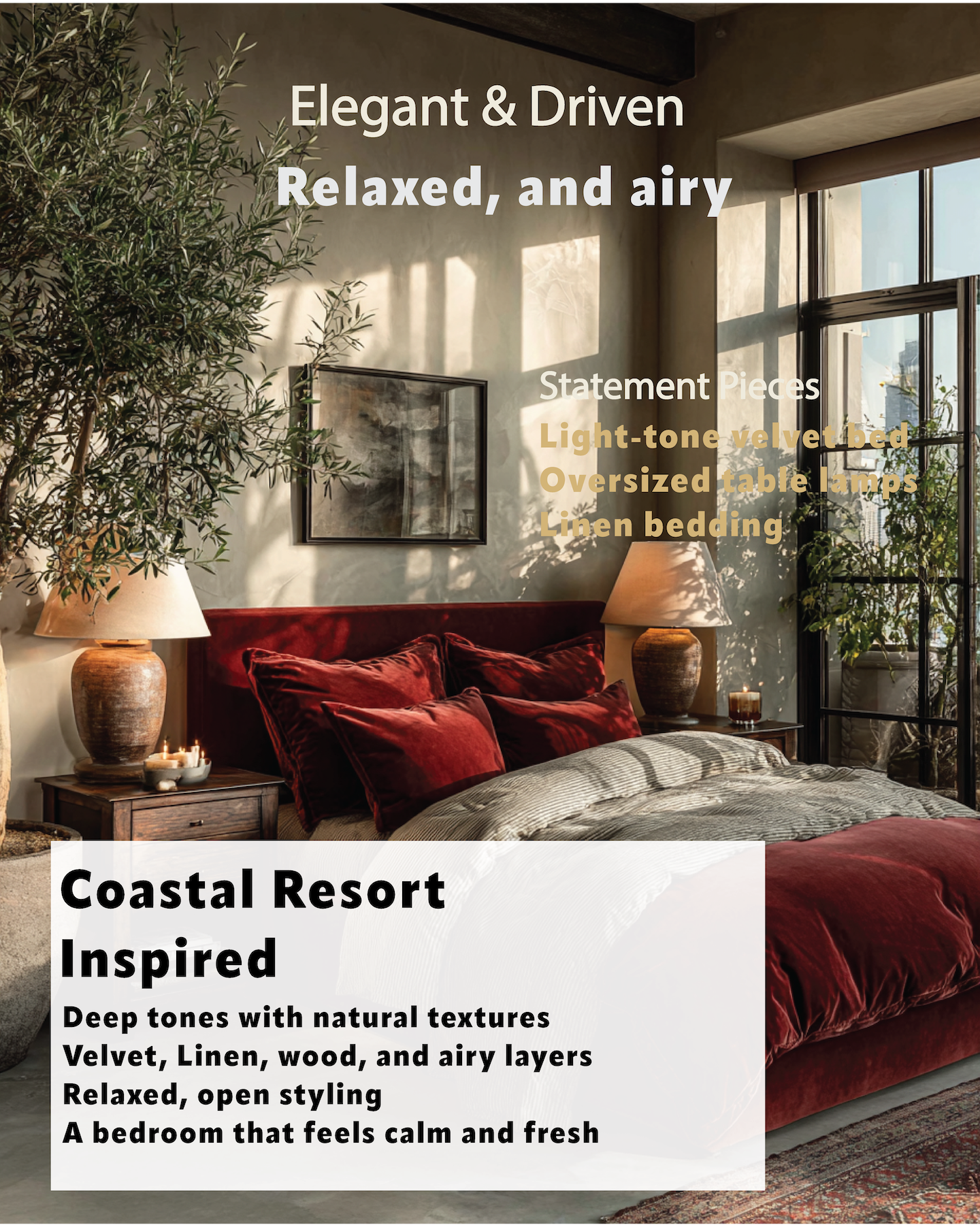 Coastal resort bedroom with velvet bed, linen textures, and airy natural light