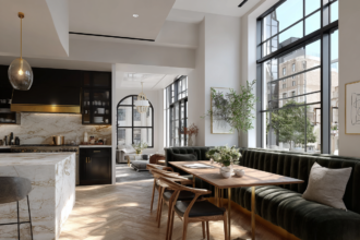 Elegant modern home interior with clean, organized kitchen and dining space, representing calm, structure, and daily reset routine