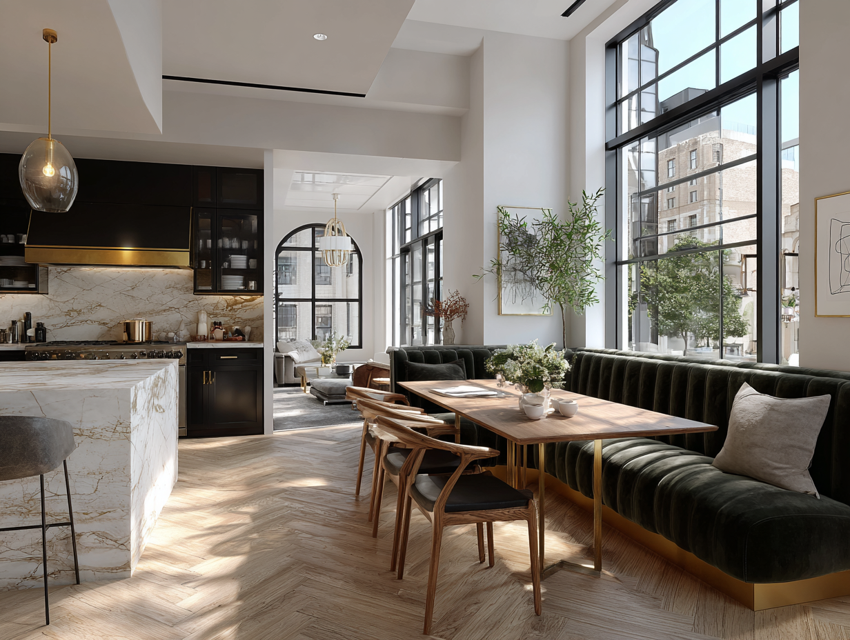 Elegant modern home interior with clean, organized kitchen and dining space, representing calm, structure, and daily reset routine