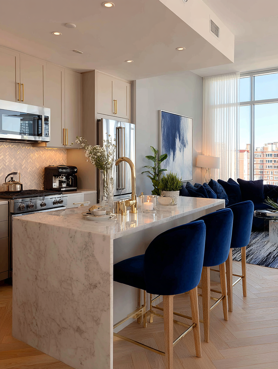 Deep navy velvet bar stools in a luxury marble kitchen with gold accents
