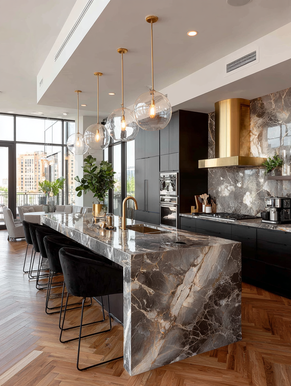 Elegant black velvet bar stools paired with a marble kitchen island and gold accents