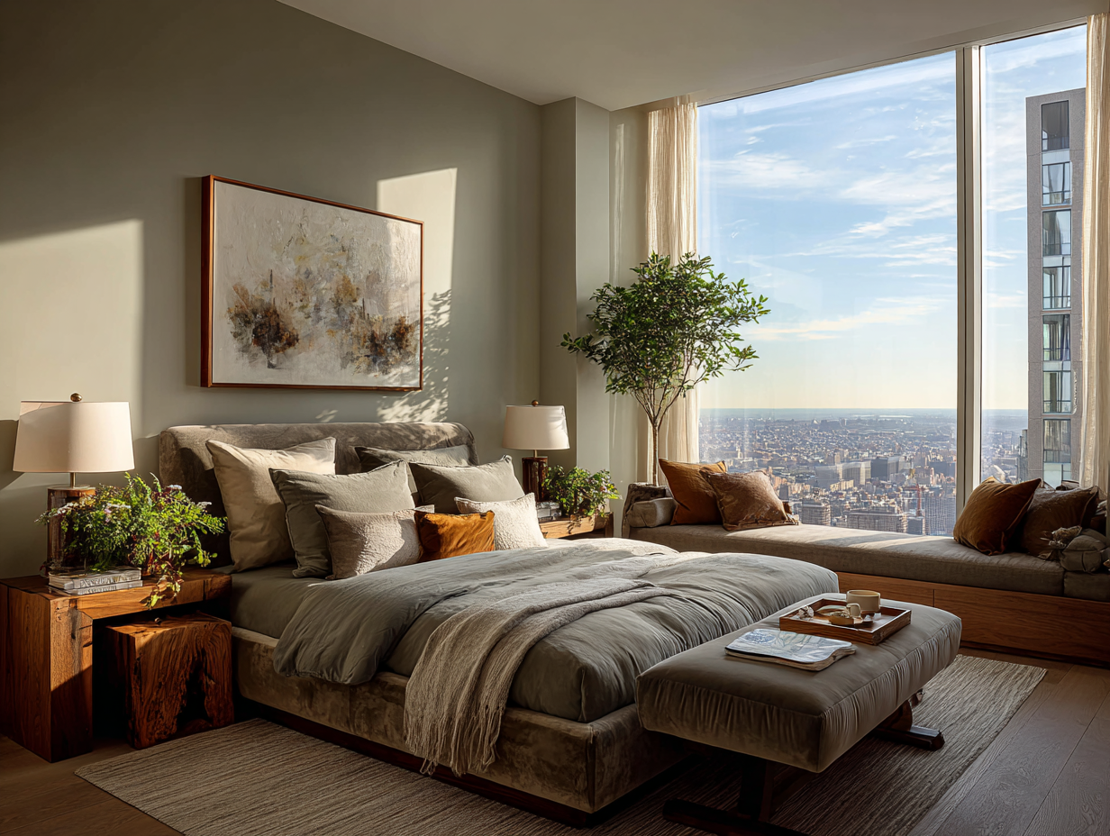 Elegant, organized bedroom with soft neutral tones and city view, representing calm, intentional living and structured lifestyle