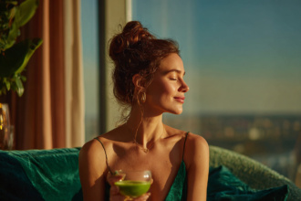Elegant woman enjoying a calm moment with a drink, representing clarity, composure, and an organized, intentional lifestyle