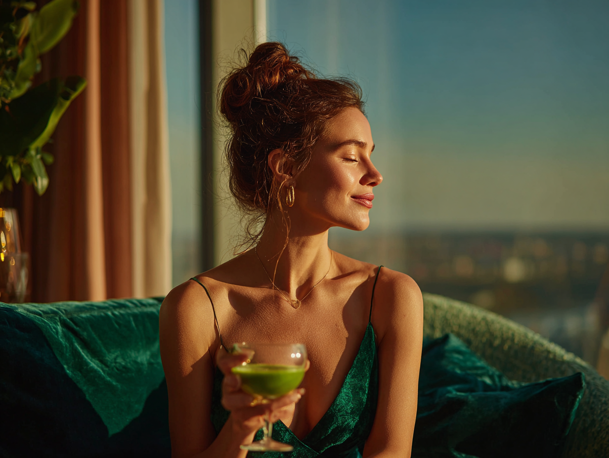 Elegant woman enjoying a calm moment with a drink, representing clarity, composure, and an organized, intentional lifestyle