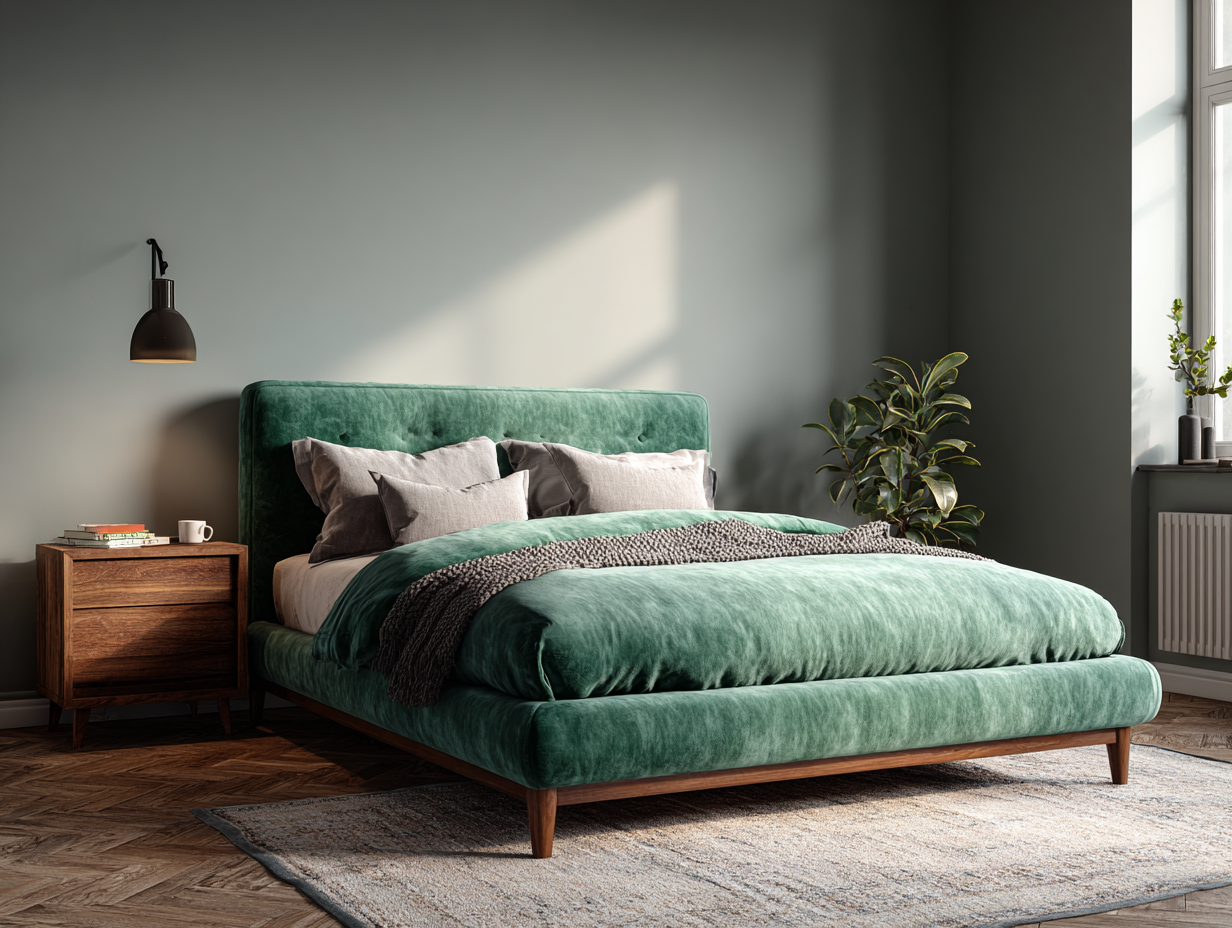 Minimalist bedroom with green velvet bed, wooden nightstand, wall lamp, and indoor plant creating a calm, elegant, clutter-free space