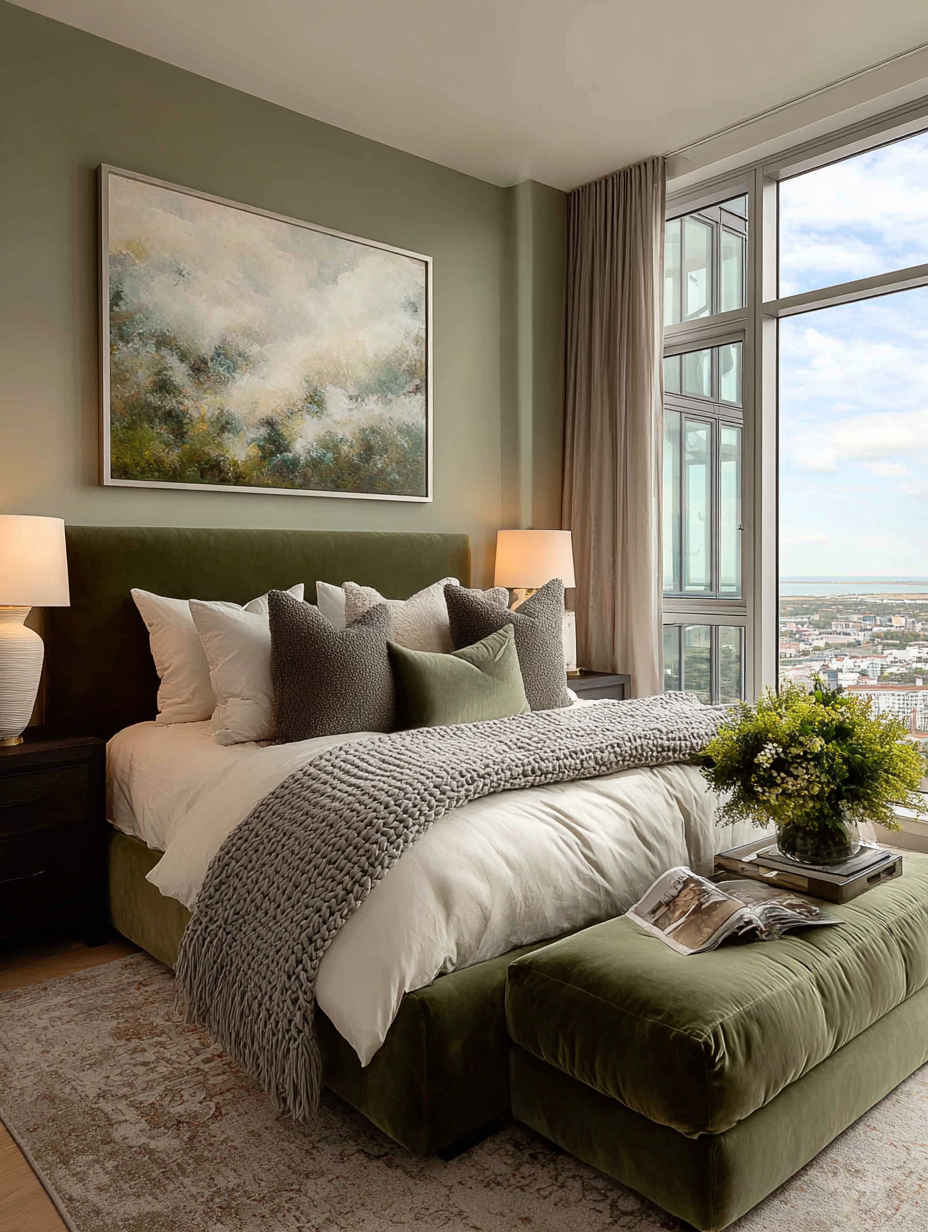 Modern bedroom with a green velvet bed, neutral bedding, large window light, and minimal decor creating a calm and effortless interior.