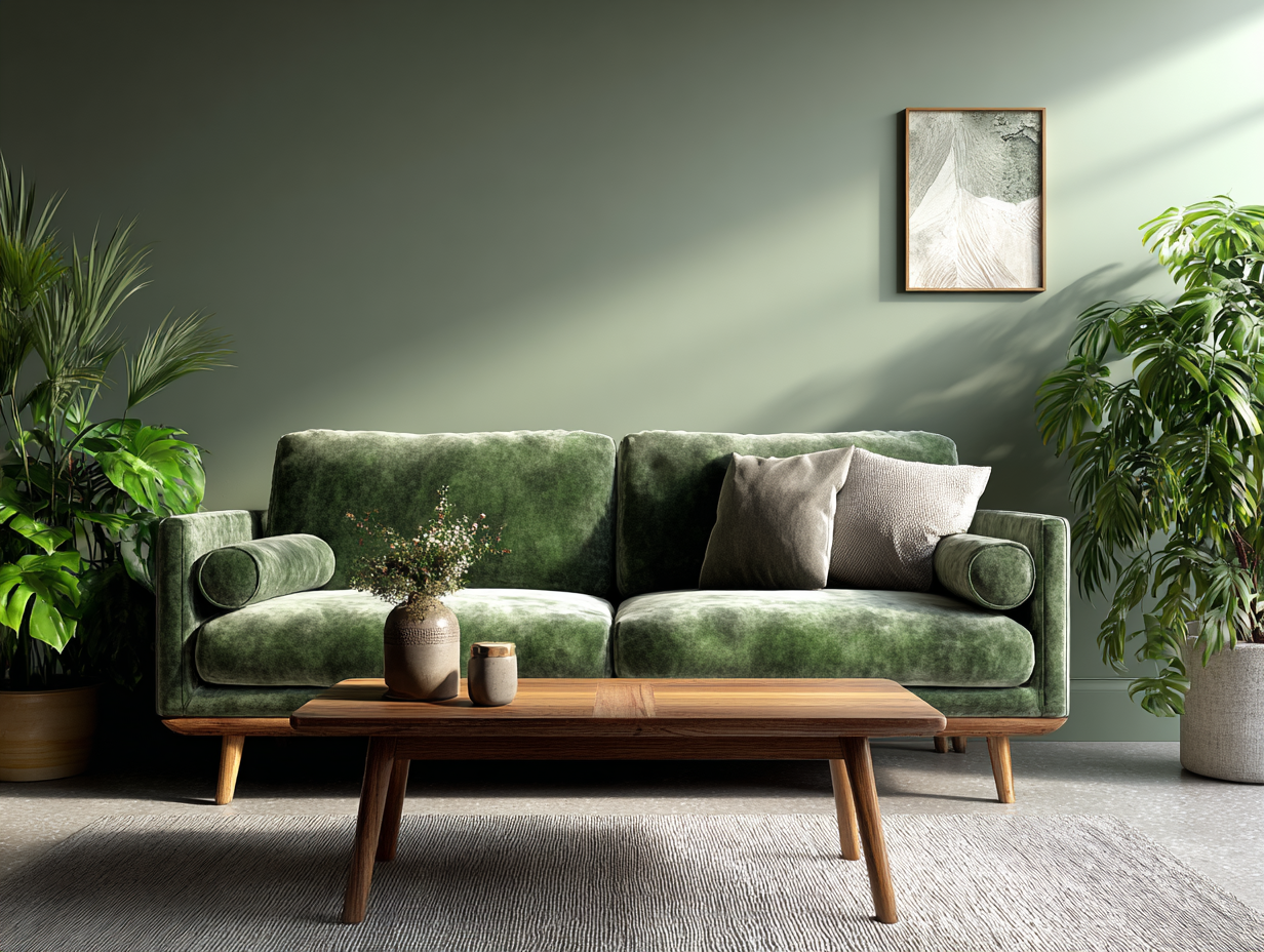 Minimalist living room with green velvet sofa, matching wall color, wooden coffee table, and plants creating a calm tone-on-tone design